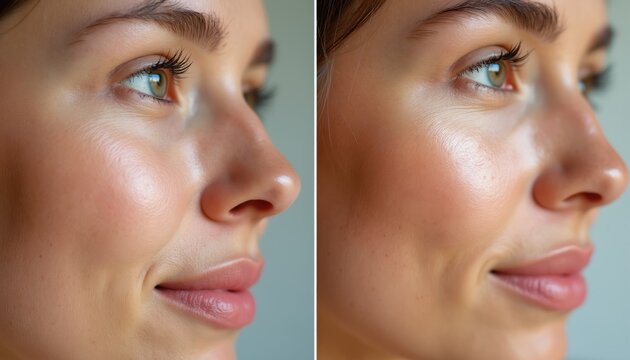 Side profile split screen shows wrinkled dry skin texture compared to smooth hydrated glowing complexion after beauty treatment. Skin changes before after.