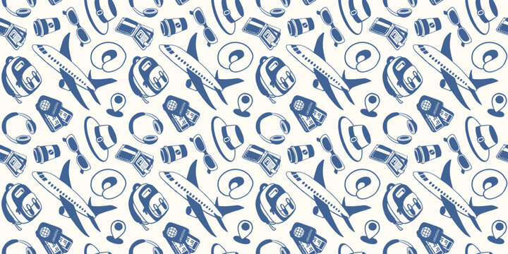 Traveler seamless pattern with airplane, backpack, hat, sunglasses, camera, neck pillow and location pin. Travel and adventure illustration for fabric in flat style.