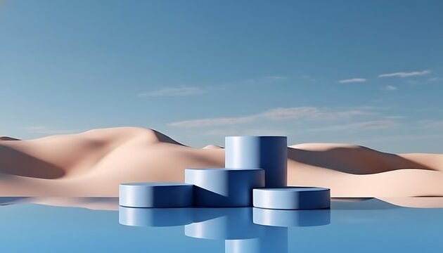 Futuristic smart speakers reflecting in calm water against desert dunes at sunset