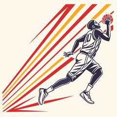 Dynamic basketball player attempting a slam dunk with a ball on a striped background, basketball © hiya