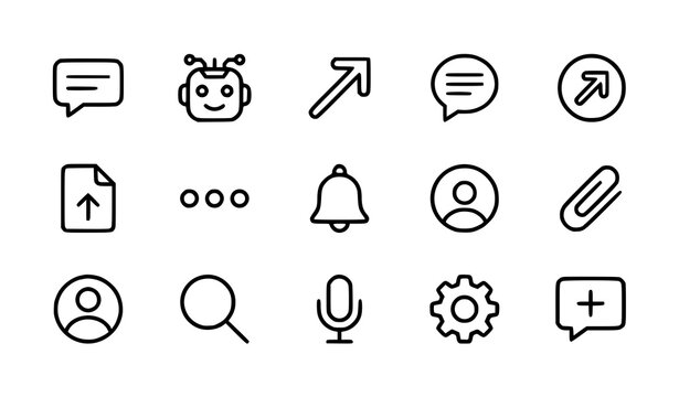 Minimal AI Chatbot Line Icon Set Featuring Message Bubble, Bot Avatar, Send Button and File Upload Symbols Vector Illustration