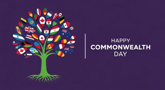 World map tree illustration with colorful country flags for Commonwealth Day global unity and nature