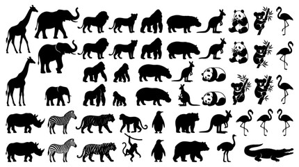 Obraz premium Wild Animal Silhouette Icon Set, Safari Zoo Animals Black Silhouettes Collection
