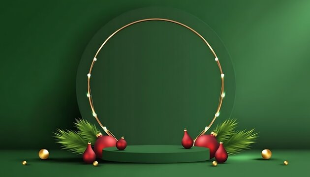 Glowing golden ring surrounded by festive red baubles and pine branches on dark green background christmas