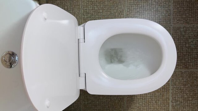 Flushing action of flush toilet bowl with water, top view