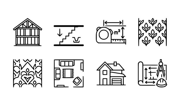 Real Estate and Home Construction Line Icons Set with House Layout, Interior Rooms and Building Structure Elements Vector