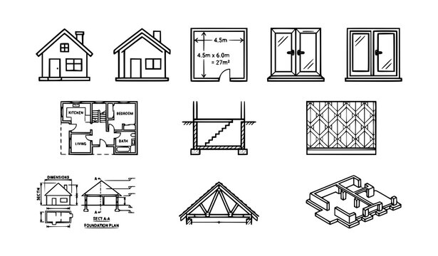 Minimal House Building Line Icon Set Featuring Rooms, Basement, Architecture and Interior Construction Symbols Vector Illustration