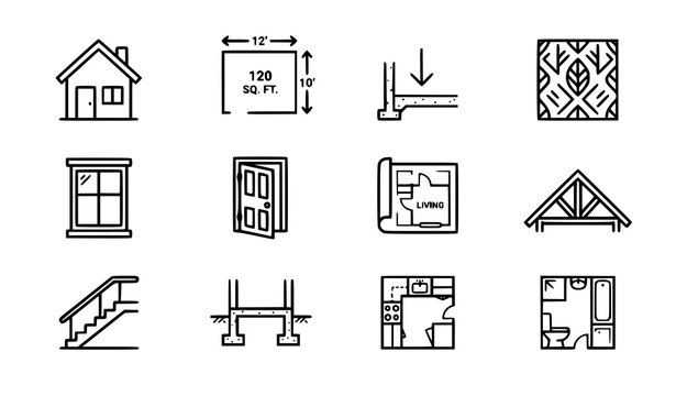 Flat Minimal Line Icon Set of Residential House Elements Including Rooms, Basement and Interior Decoration Symbols Vector Illustration