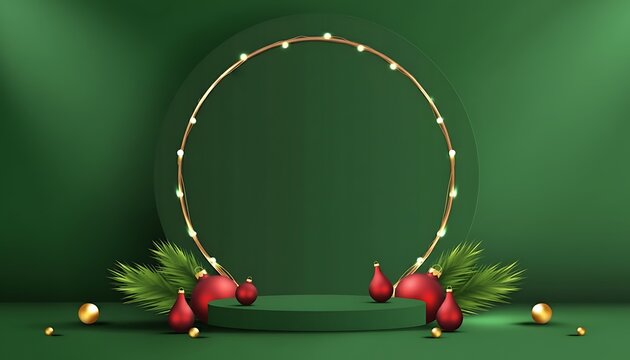 Glowing golden ring with festive red ornaments and pine branches on dark green background