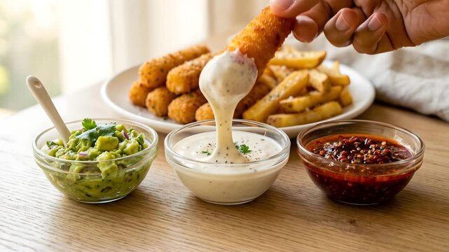 A hand dips a crispy mozzarella stick into creamy ranch dip, with guacamole and chili oil on the side, accompanied by a pile of golden French fries