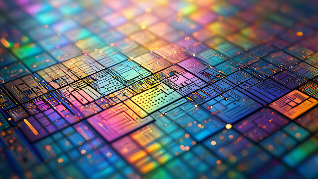 Closeup of a silicon wafer with integrated circuits and microchips