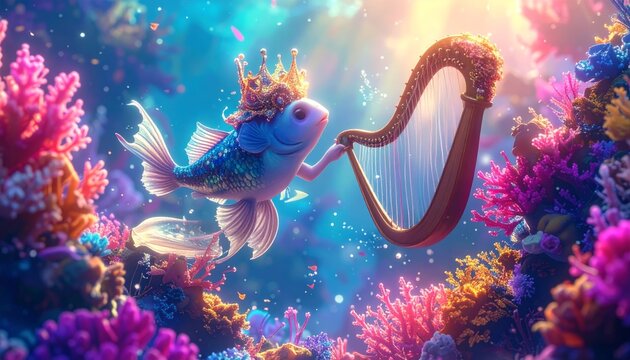 Royal Fish Plays Harp in Vibrant Coral Reef