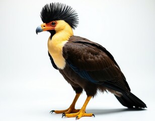 Fototapeta premium Yellow crested bird stands on white background. This animal has dark brown wings yellow chest and orange eyes. It is a carnivore avian predator.