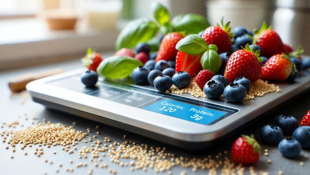 Fresh strawberries and blueberries with quinoa on a digital kitchen scale