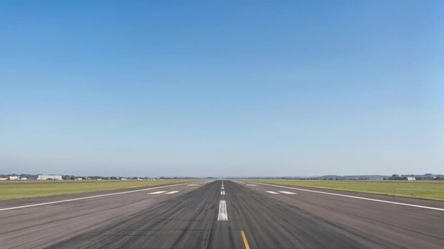 Commercial jet taking off from asphalt runway. Low angle view of white passenger plane ascending into clear blue sky. Lockdown shot.