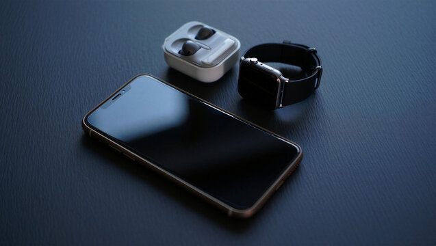 Smartphone, smartwatch and wireless earbuds on a dark background