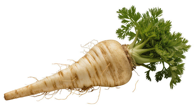 Fresh parsnip root vegetable with green leafy tops, isolated on transparent background