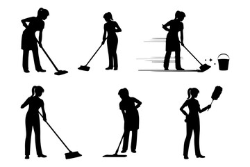 Naklejka premium Woman Cleaning House Silhouette Black Vector Set | Female Housekeeping and Household Chores Icons