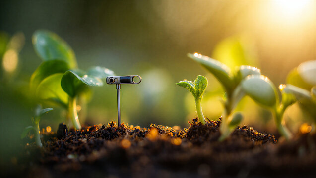 Small digital soil moisture sensor probe inserted into soil near seedlings