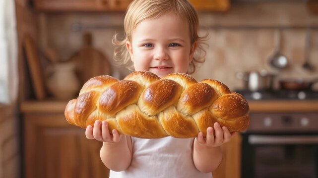 Smiling toddler girl holding large braided challah bread. Homemade bakery concept in domestic kitchen setting. Lockdown medium shot.