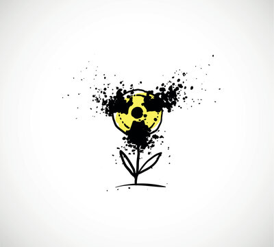 Hand-drawn radioactive flower with nuclear symbol and black liquid splash as blossom on simple stem. Doodle vector illustration for nuclear contamination