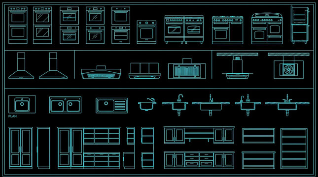 Kitchen Appliance and Cabinet CAD Block Set Blueprint Vector with Ovens Hoods Sinks and Storage Units