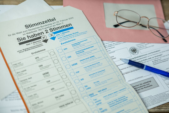 German election ballot paper with multiple parties and candidates to choose from ready to be filled out, democratic process, political choices in Germany, Frankfurt - February 6, 2025