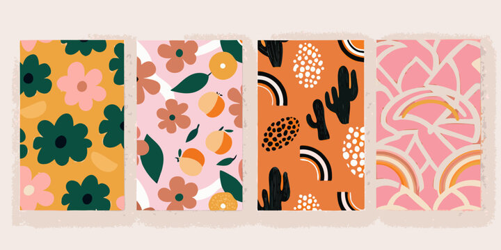 Colorful abstract floral and geometric pattern set vector illustration