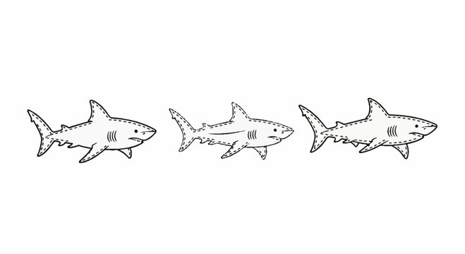 Three stylized shark illustrations in sequence movement.