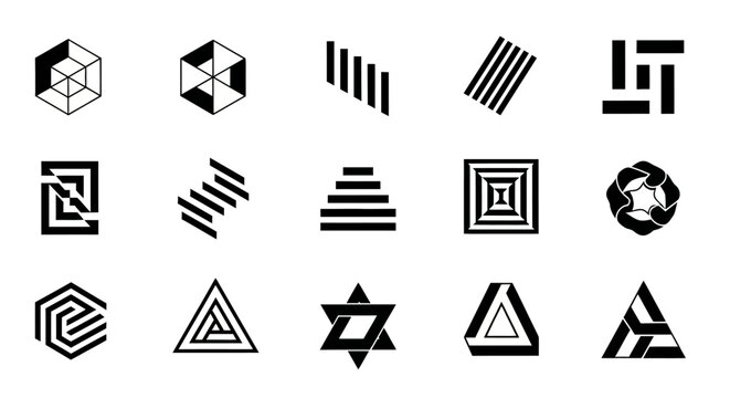 Abstract geometric shapes collection in black and white arranged on a plane