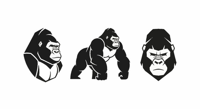 Three black and white gorilla illustration styles together.