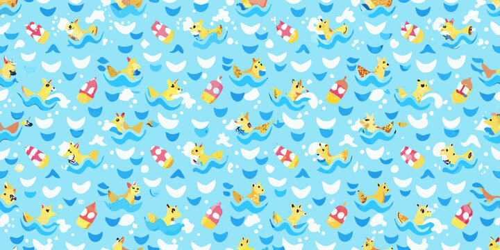 Surfing corgis pattern playful repeating illustration with ocean waves