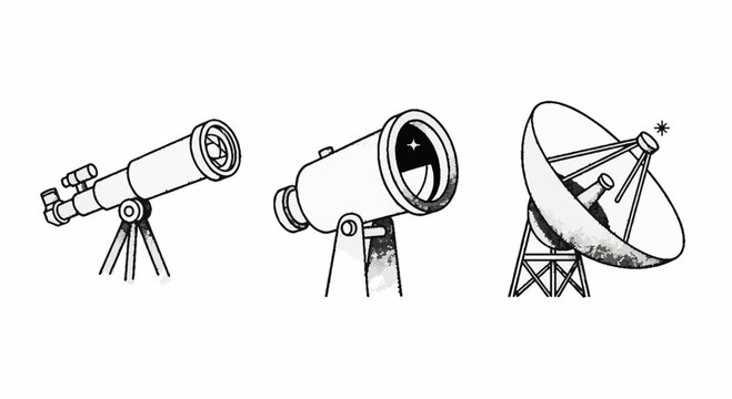 Illustration of Telescope Reflector and Satellite Dish Equipment.