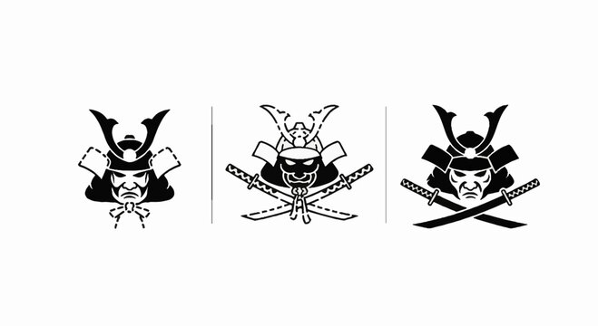 Three Traditional Japanese Samurai Helmet Illustrations With Swords.