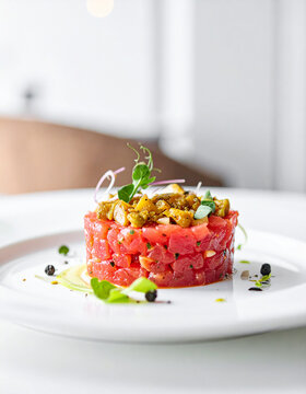 Delicious tuna tartar on white plate, red fish fillet, tasty food, culinary concept, white cafe table, blurred bright backdrop, minimal gourmet styling. Close-up.
