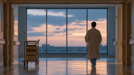 Fototapeta premium University hospital corridor at twilight where a geriatric researcher wheels a cart stacked with aging biomarker study folders past a window showing darkening skyline, longevity clinical trial envir