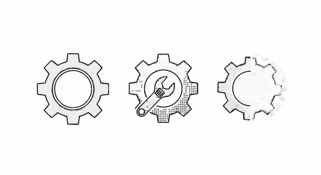 Detailed Gear and Wrench Mechanical Engineering Icons Set.
