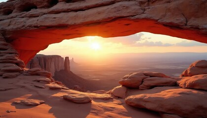 Obraz premium Sun sets through natural sandstone arch rock formation casting warm orange light over vast desert landscape. Red rock formations, mesas visible in distance during golden hour, signifying wilderness,