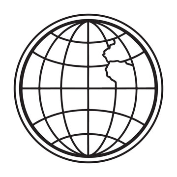 Black and white illustration of a globe with grid lines and Americas visible  isolated on white background