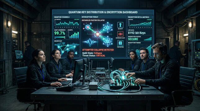 Cinematic wide shot of cryptographers in a fortified bunker monitoring a quantum key distribution and encryption dashboard with a glowing photon entanglement generator