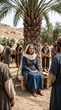 Venerable ancient leader: Deborah heroine, Israel judge, prophetess guide, divine wisdom, sacred scroll, desert counsel, community gather, religious figure.
