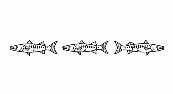 Three stylized black and white fish line art illustration.