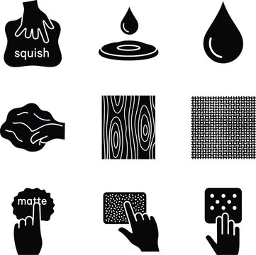 Black and white icons of different textures and hand interactions