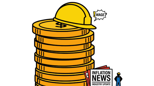 Construction worker hard hat on stack of coins with inflation news and wage question