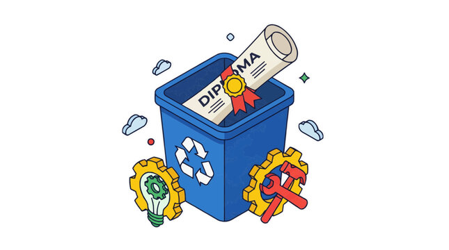 Education waste concept diploma in trash bin with gears and tools symbolizing career change or obsolescence