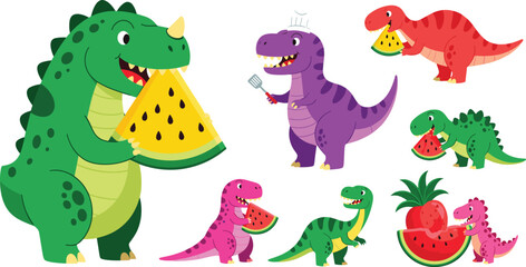 Naklejka premium Cute dinosaur cartoon character set with funny dino mascots eating fresh red and yellow watermelon slices at a summer holiday picnic vector illustration