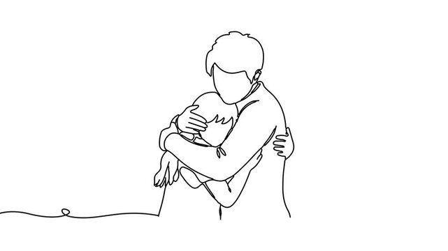 Animation of line drawing of parent comforting a child with a gentle hug, representing safety, compassion, and emotional connection.
