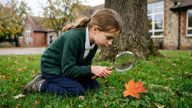 Young girl examining autumn leaf with magnifying glass outdoors  