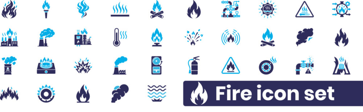 Fire icons, flame symbols, blaze signs, burning collection, 40 vector graphics