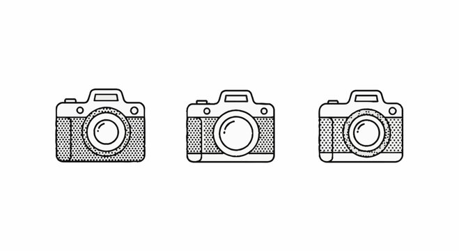Three stylized camera icons in different line art designs.
